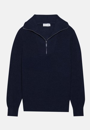 Marineblauwe gebreide trui met een halve ritssluiting, voorzien van een ribbelstructuur en een V-vormig ontwerp op de voorkant. Lange mouwen en een aansluitende zoom.