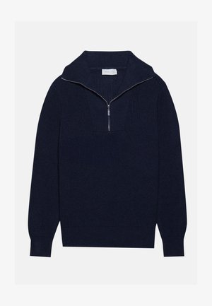 Navy blue knit sweater with a half-zip collar, featuring ribbed texture and a V-shaped design on the front. Long sleeves and fitted hem.