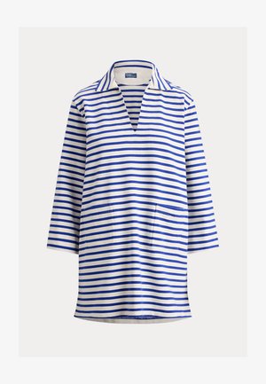 Λευκή μακριμάνικη τουνίκη με φαρδιές μπλε οριζόντιες ρίγες, γιακά, V-λαιμόκοψη και δύο μπροστινές τσέπες με πατ.