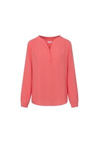 Koronkowa bluzka z długim rękawem w kolorze koralowym, z dekoltem w kształcie litery V, detalami z guzikami i miękką teksturą. Klasyczny krój z luźnym fasonem i subtelnie opadającym materiałem.