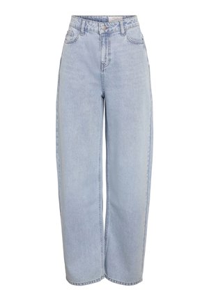 Hele sinised kõrge vöökohaga teksad, mis on valmistatud teksariidest ja millel on lahtine, lai säär, klassikaline nööpkinnitus ja kaks esitaskut.