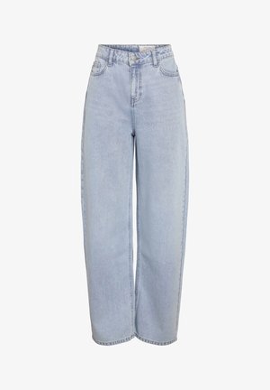 Světlé modré džíny s vysokým pasem vyrobené z denimu, s volným širokým střihem nohavic, klasickým zapínáním na knoflíky a dvěma předními kapsami.