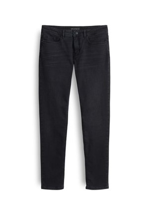Jeans in denim nero con vestibilità slim. Presentano cinque tasche, chiusura con bottone e cuciture classiche. Tessuto liscio con una finitura pulita.
