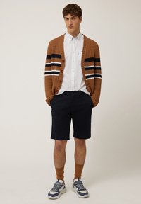 Bruin gebreid vest met gestreepte accenten, wit overhemd, marineblauwe shorts en witte sneakers met blauwe en grijze details.