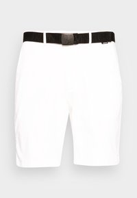 Shorts bianchi in cotone con taglio dritto, dotati di una cintura intrecciata nera e un dettaglio con fibbia rettangolare.