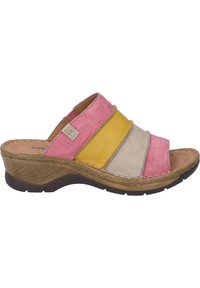 Infradito multicolore con cinturini in pelle rosa, gialla e beige. Suola a zeppa simile al sughero con fondo in gomma marrone texturizzato.