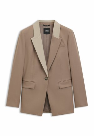 Beige blazer met een contrasterende lichtbeige kraag, sluiting met één knoop en twee voorzakken. Gemaakt van een soepele, gestructureerde stof.