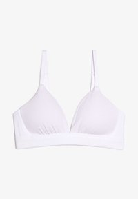 Bralette en triangle blanc fabriqué en tissu doux, avec des bretelles réglables et une large bande élastique en bas pour le soutien.