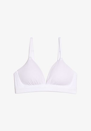 Weißes Dreiecks-Bralette aus weichem Stoff, mit verstellbaren Trägern und einem breiten elastischen Bund an der Unterseite für zusätzlichen Halt.