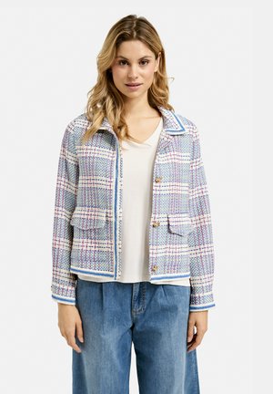 Multi-colored, woven jacket with a checkered pattern, featuring two front pockets, a collar, and button closures.