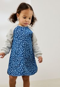 Robe à imprimé léopard bleu avec manches longues grises, deux poches avant et un col rond. Tissu doux avec une coupe décontractée.