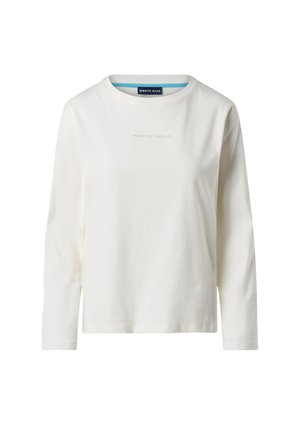 Langarm-T-Shirt aus offwhiter Baumwolle mit dem Aufdruck "NORTH SAILS" in zartem Rosa. Runder Ausschnitt mit einem kontrastierenden blauen Innenrand.