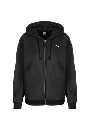 Felpa con zip nera in pile, dotata di zip frontale, cappuccio regolabile con cordini e un logo bianco discreto nella zona sinistra del petto.