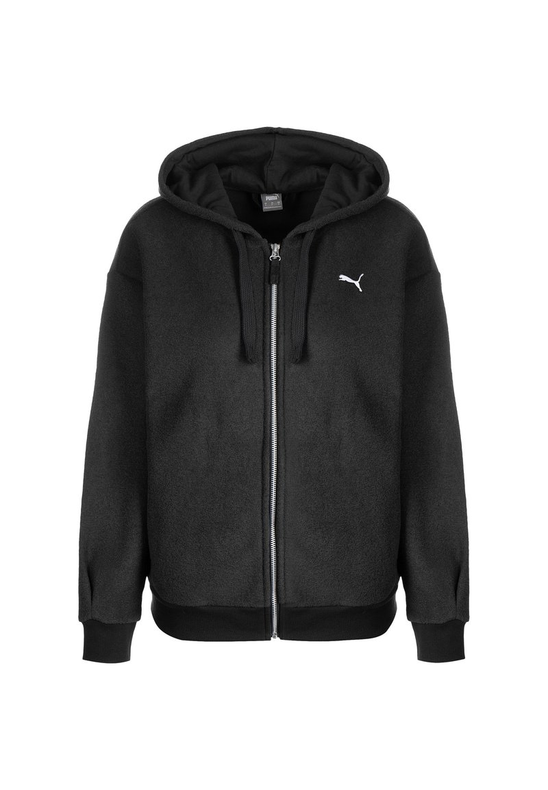 Felpa con zip nera in pile, dotata di zip frontale, cappuccio regolabile con cordini e un logo bianco discreto nella zona sinistra del petto.