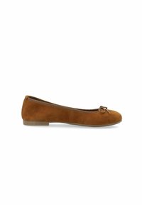 Brown suede ballet flats with a rounded toe, thin rubber sole, and a small bow accent at the front. Smooth texture with stitched edges.