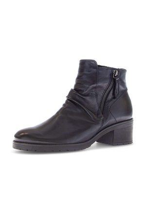 Black leather ankle boot with a smooth finish, slouched design, side zipper, and a chunky heel. Textured sole for added grip.