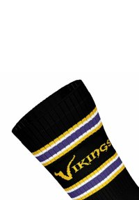 Calzino nero con texture a coste, caratterizzato da righe gialle, viola e bianche. La parola "Vikings" è intrecciata in giallo sul lato.