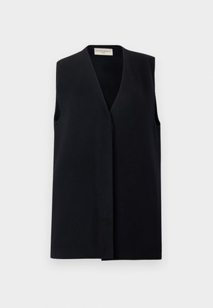 Mustast siledast kangast valmistatud varrukateta vest V-kaelusega, millel on minimalistlik disain ja avatud eesmine osa ilma nähtavate kinnitusteta.