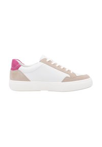 White sneakers with beige and pink accents, featuring a textured suede panel, flat laces, and a rubber sole.