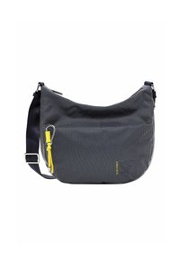 Borsa a spalla blu navy con pois bianchi, realizzata in tessuto. Presenta una chiusura con zip, una tracolla regolabile e dettagli in giallo.