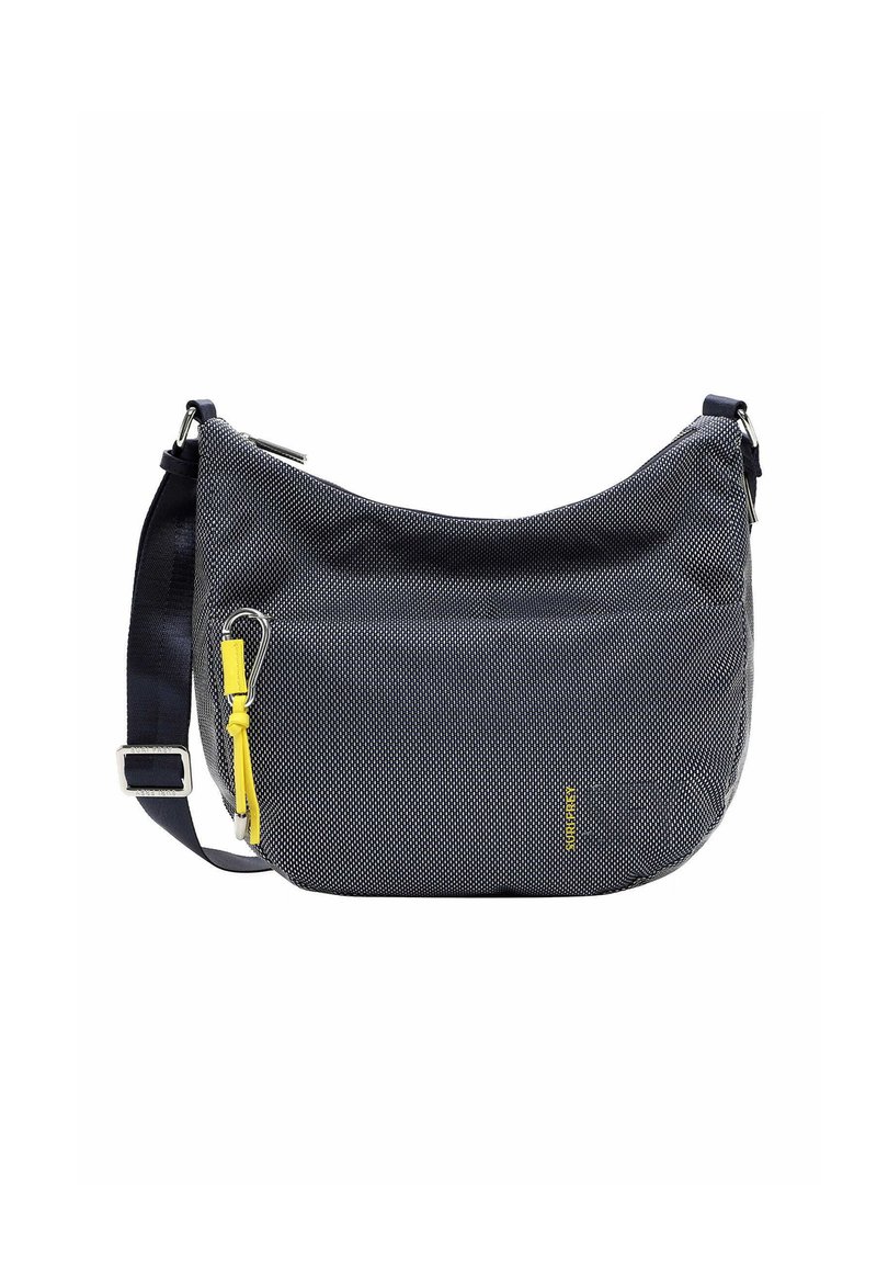 Borsa a spalla blu navy con pois bianchi, realizzata in tessuto. Presenta una chiusura con zip, una tracolla regolabile e dettagli in giallo.