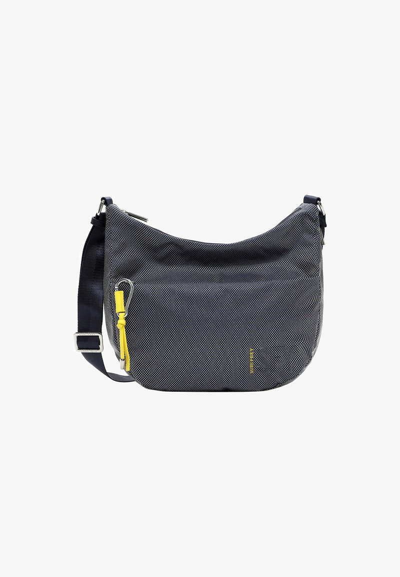 Borsa a spalla blu navy con pois bianchi, realizzata in tessuto. Presenta una chiusura con zip, una tracolla regolabile e dettagli in giallo.