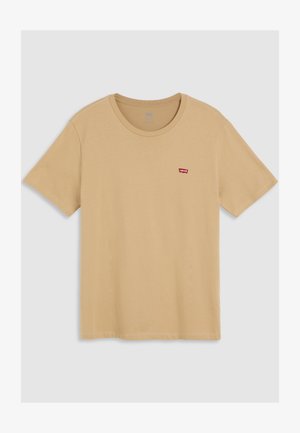 Beige puuvillane T-särk ümarate kraedega ja lühikeste varrukatega, millel on vasakul rinnal väike punane Levi'si logo. Sile tekstuur.
