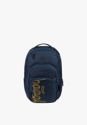 Sac à dos bleu marine avec plusieurs compartiments zippés, une poignée supérieure et des lettres cursives jaunes sur la poche avant.