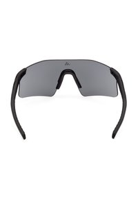 Lunettes de sport enveloppantes noires avec une seule lentille teintée foncée et des branches courbées, présentées sur un fond blanc.