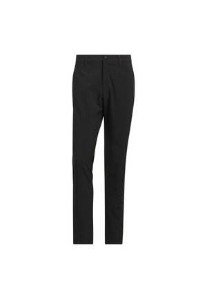 Černé kalhoty z lehké tkaniny, s úzkým střihem, jemným proužkovaným vzorem a zapínáním na jeden knoflík. Hladká textura.