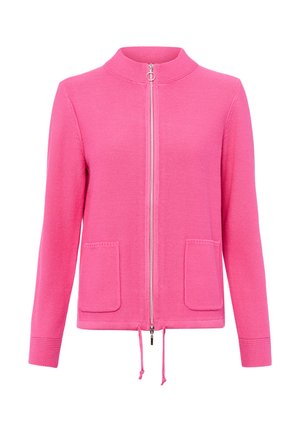 Giacca rosa lavorata a maglia con cerniera, collo alto, due tasche frontali, maniche lunghe e coulisse regolabile all'orlo.