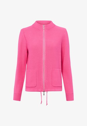Rosa gestrickte Reißverschlussjacke mit hohem Kragen, zwei Fronttaschen, langen Ärmeln und verstellbarem Kordelzug am Saum.