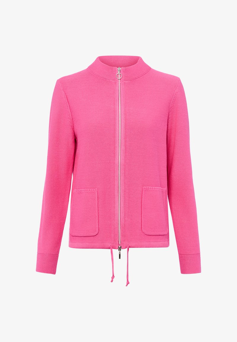 Veste zippée en tricot rose avec col haut, deux poches avant, manches longues et cordon ajustable à l'ourlet.