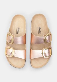 Leather sandals with a rose gold metallic finish. Features two wide straps with gold buckles and a textured insole for comfort.