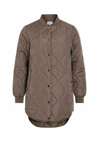 Gequilted lange bruine bomberjack met drukknoopsluitingen, ribgebreide kraag en manchetten, en twee zijzakken, met een afgeronde zoom.