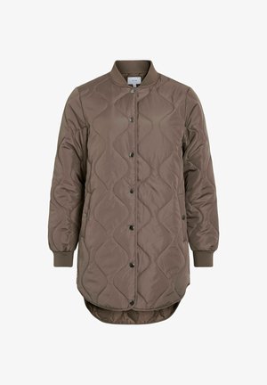 Quilted long brown bomber jacket with snap buttons, ribbed collar and cuffs, and two side pockets, featuring a curved hem.