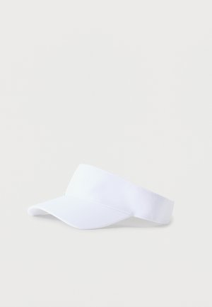 Visiera da sole in tessuto bianco con visiera curva e fascia ampia regolabile, mostrata su uno sfondo chiaro e uniforme.