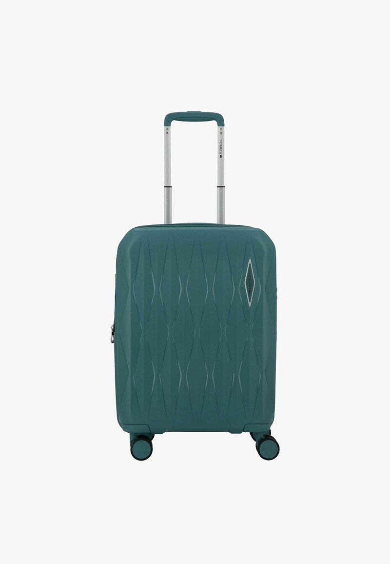 Maleta rígida de color verde azulado con textura en patrón de diamante, asa extensible y cuatro ruedas negras para maniobrabilidad.