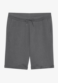 Shorts gris foncé longueur genou avec taille élastique et cordon, poches latérales et ourlets retroussés.