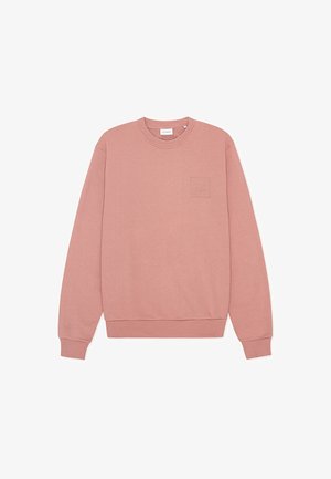 Pölyisen vaaleanpunainen puuvillainen collegepaita pyöreällä kaula-aukolla, resoriset hihansuut ja helma; rinnassa pieni kohopainettu merkki.