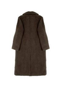 Bruine, getextureerde, lange jas met een kraag en brede mouwen; heeft een rechte snit en geen zichtbare sluitingen of versieringen.