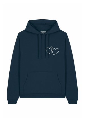 Navy blue hoodie made of cotton, featuring a front pocket and drawstrings. It has two interlocking heart outlines printed on the chest.
