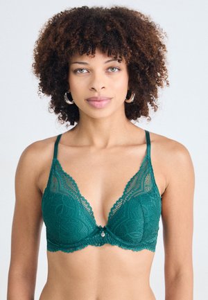 Teal kanten bh met delicate scalloped randen, een diepe halslijn en verstelbare bandjes. Bevat een kleine decoratieve accent in het midden.