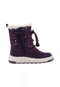 Stivale invernale per bambini viola con motivo a stelle bianche, fodera in pile, zip laterale e suola spessa bianca.