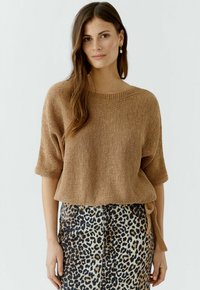 Brauner Strickpullover mit kurzen Ärmeln, kombiniert mit einem Rock im Leopardenmuster. Der Pullover hat einen runden Ausschnitt und eine lockere Passform.