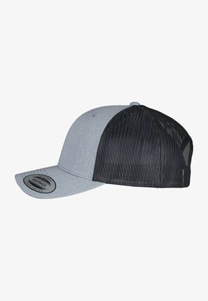 Grauer Stoff vorne mit schwarzem Mesh-Rücken, strukturierte Form, gebogener Schirm, verstellbarer Snapback-Verschluss und runder Aufnäher auf der Vorderseite.
