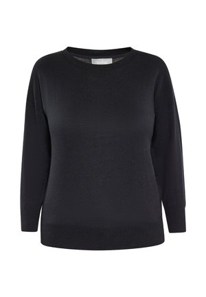 Maglione nero a maniche lunghe con collo a giro, polsini e orlo a coste, mostrato su sfondo bianco.