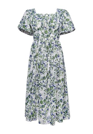 Hvid midikjole med grønt og blåt blomsterprint, puffede korte ærmer, firkantet halsudskæring og indsnævret talje med bindedetalje foran.