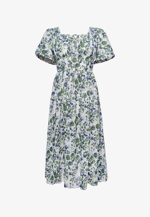 Hvid midikjole med grønt og blåt blomsterprint, puffede korte ærmer, firkantet halsudskæring og indsnævret talje med bindedetalje foran.