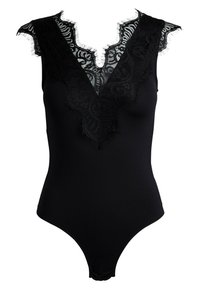 Crni bodysuit s dubokim V-izrezom ukrašenim čipkastim detaljima i ispucalim akcentima oko ramena i trupa.